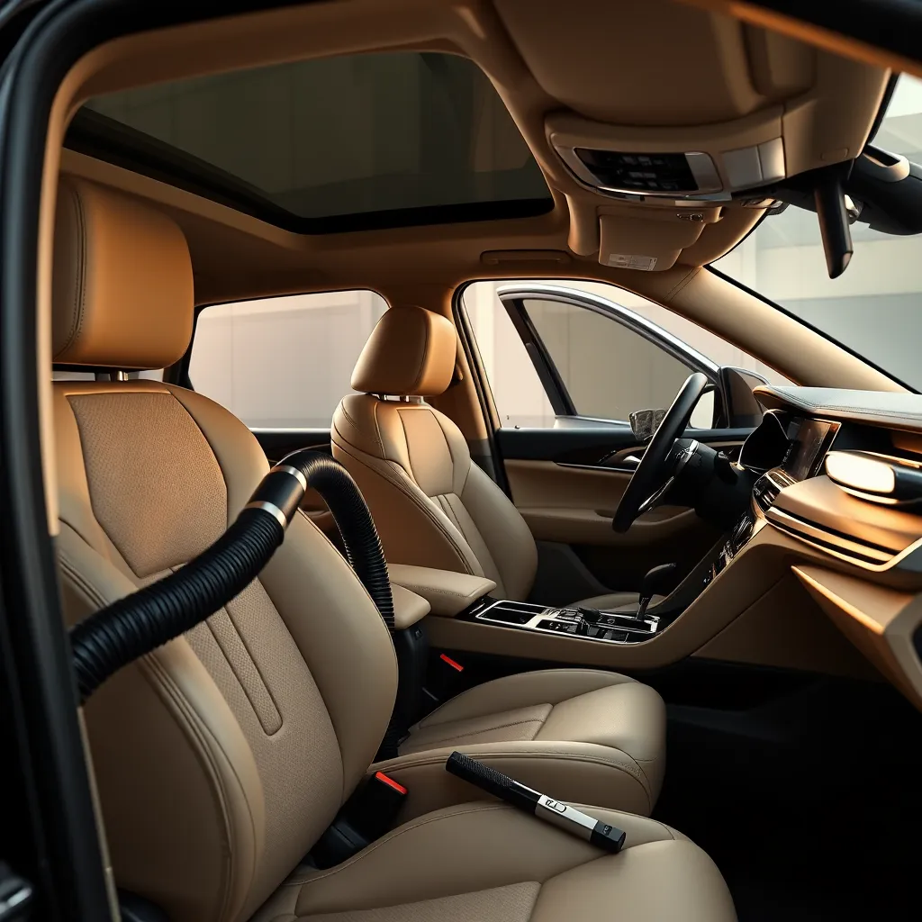 Produce an ultra-realistic, high-quality image depicting the interior detailing of a luxury SUV in the style of premium lifestyle magazines. The SUV is set against the backdrop of a state-of-the-art detailing workshop in Chicago. The atmosphere inside the car is well-lit with natural, soft diffused lighting filtering in through open doors, creating an inviting and warm feel. The seats, made of high-end beige leather, are being cleaned with specialized vacuuming equipment by a meticulous technician. A close-up shot from the front passenger side captures the technician’s attentive work on the dashboard, highlighting the texture of the leather, the stitching, and the intricate detailing. The car’s interior elements like the steering wheel, infotainment system, and control buttons are captured in stunning detail, showcasing their textures and materials. Surrounding elements, such as detailing tools placed on the leather seats and spotless carpet, enhance the scene. The color scheme features mainly soft beiges, blacks, and metallic accents, evoking luxury and cleanliness. The image should be rendered in 8K resolution with a hyper-detailed focus on textures and materials.