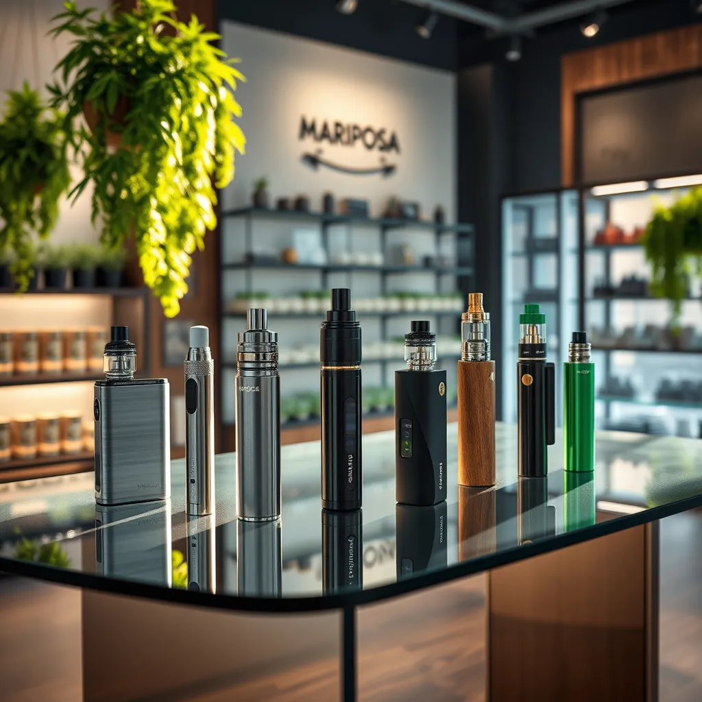 Visualize an elegant display of premium vaporizers arranged artfully on a sleek glass table in a contemporary cannabis retail environment. The vaporizers vary in design, from modern sleek lines to more traditional styles, showcasing unique colors like metallic silver, deep black, and vibrant green. Under dramatic side lighting, the vaporizers glisten, casting interesting shadows that enhance their shapes. The background is softly blurred, featuring stylish shelf displays of cannabis products, with lush greenery cascading from hanging planters, emphasizing the eco-friendly aspect of Mariposa Cannabis. The camera angle is slightly above eye-level, capturing a compelling perspective of the vaporizers, each in focus to highlight their functionality. The color palette is sophisticated, with a focus on deep blues and warm woods, creating a trendy, upscale vibe. Imagined in hyperrealistic style, the image is designed for ultra-detailed rendering at 8K resolution.
