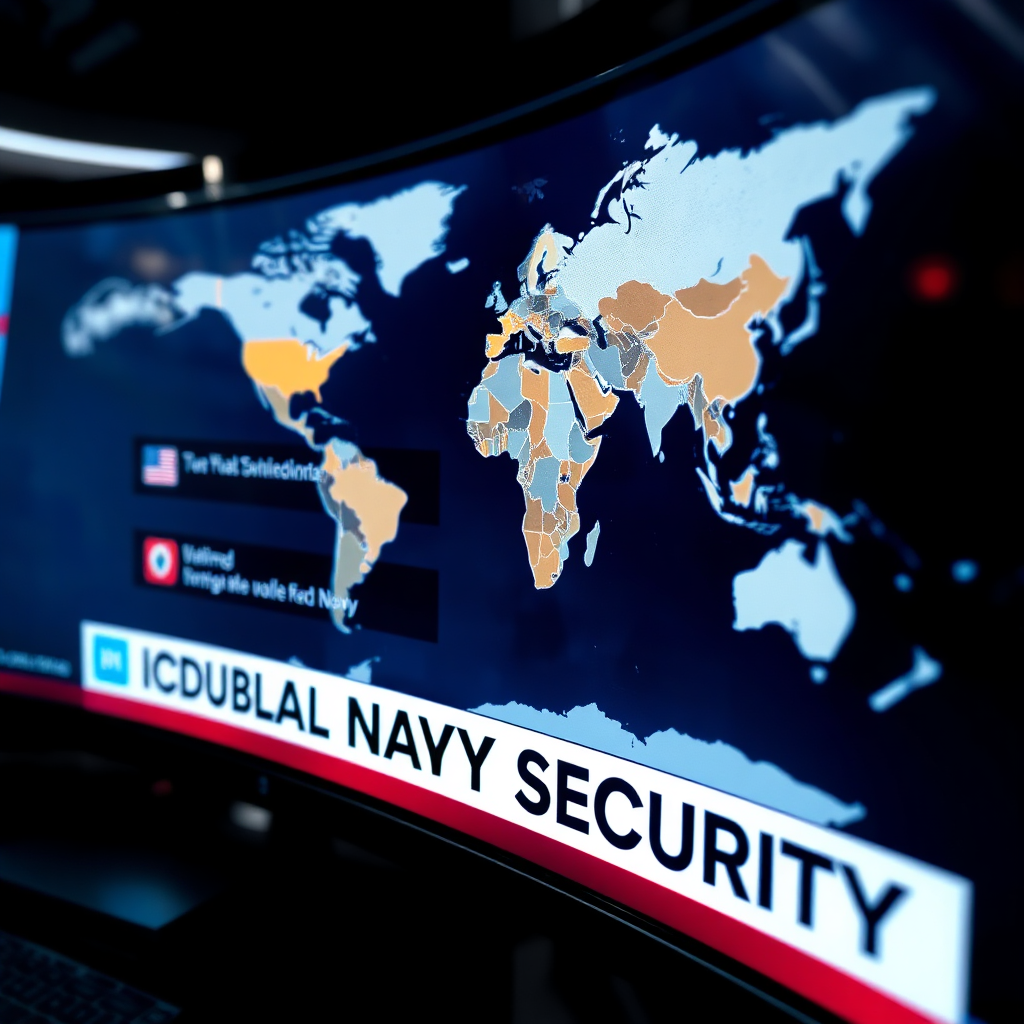 A dynamic, photorealistic image depicting a news ticker displaying headlines related to global navy security. The background shows a stylized world map with highlighted maritime regions. Lighting is bright and informative, emphasizing the immediacy of the news. Camera angle is close-up, focusing on the news ticker and the world map. Style: Modern and informative, with a focus on breaking news and global events.