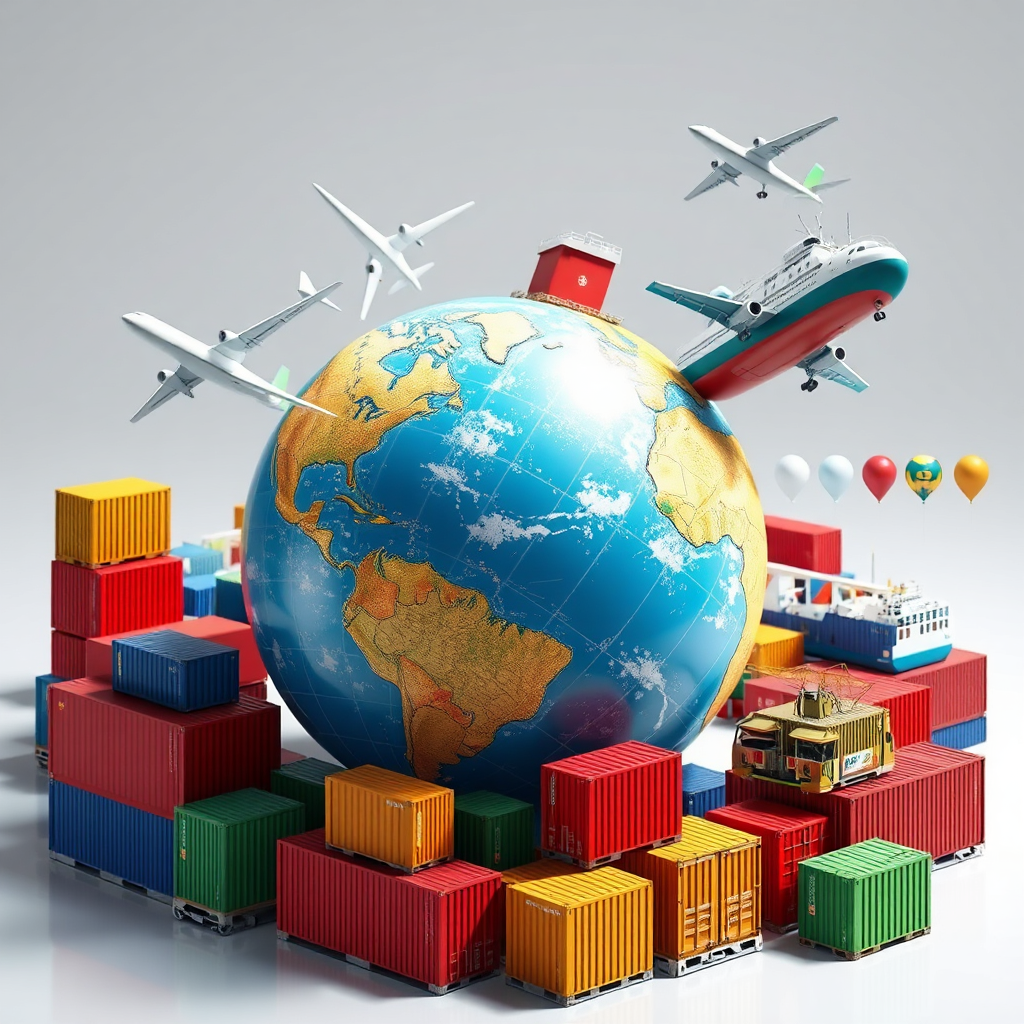 A globe surrounded by various cargo containers, airplanes, and ships, symbolizing the international movement of goods and the complexities of global trade. The lighting should be bright and dynamic.