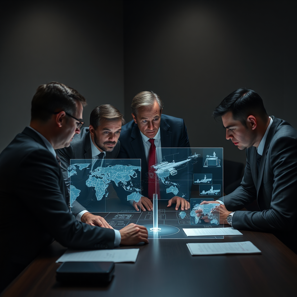 A group of strategic advisors huddled around a table, studying holographic representations of military tactics and resource management. They are focused and professional. The room is dimly lit. Technical Specs: 4K Resolution.
