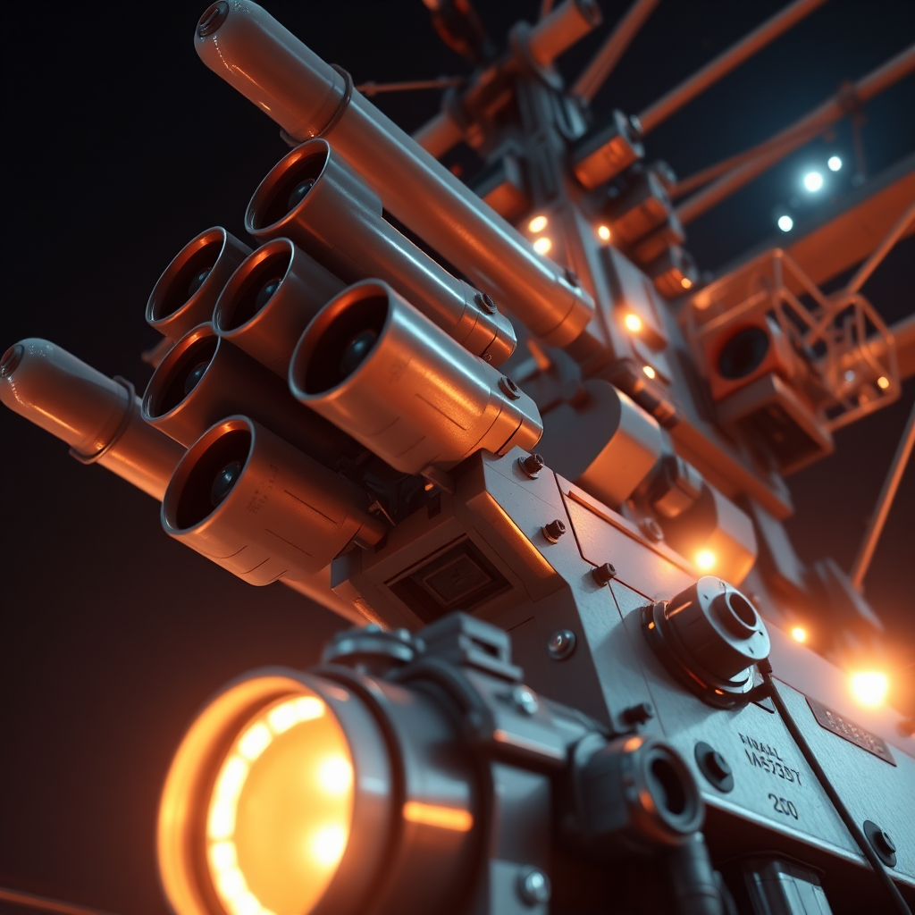 A highly detailed, photorealistic close-up of a naval defense system, such as a missile launcher or radar array. The system is shown in operation, with glowing lights and intricate mechanical details. Lighting is dramatic, highlighting the power and sophistication of the technology. Camera angle is low, emphasizing the scale and complexity of the system. Style: Technical and detailed, with a focus on realism and functionality.