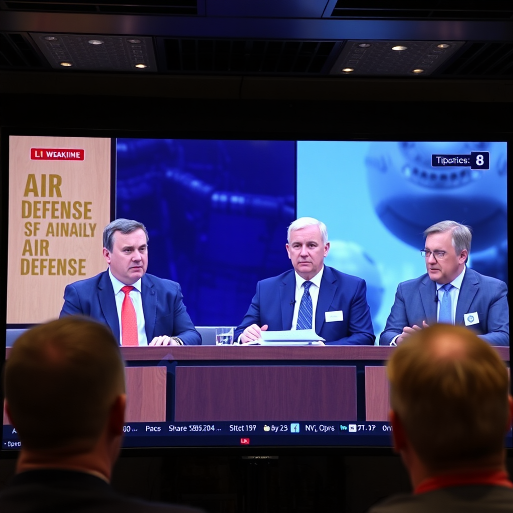 A panel discussion being shown from an online stream. The panel members appear serious and discuss technical aspects of air defense. Color: Use professional and serious colors. Technical Specs: 4K