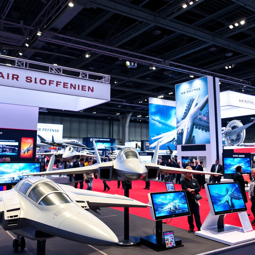 A photograph taken at an air show featuring exhibitors showcasing air defense technology. Focus is on a futuristic display with detailed models and screens. Color palette should be vivid, reflecting the excitement and innovation of the event. Technical Specs: 4K resolution.