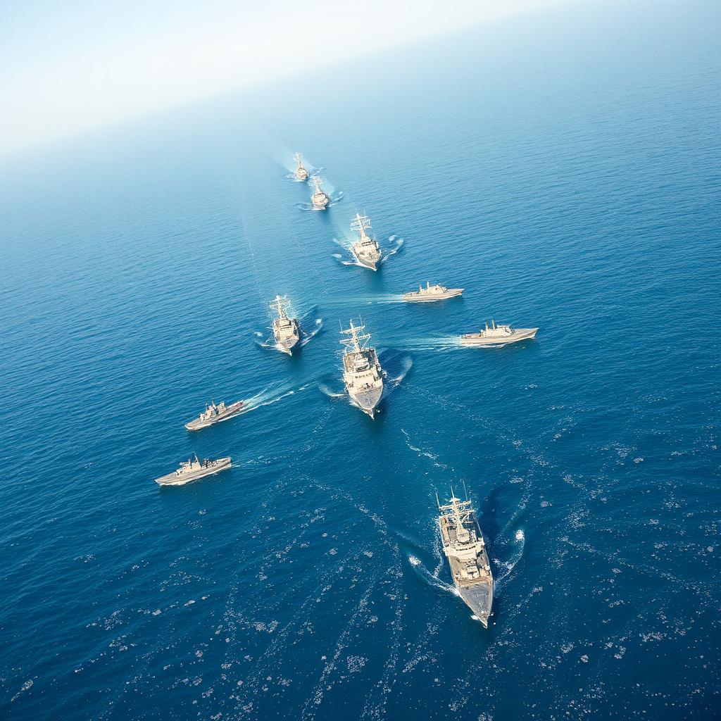 A photorealistic aerial view of a naval fleet performing a coordinated maneuver in the open ocean. Ships are positioned strategically. The sky is clear, and the sea is calm. Lighting is bright and clear. Camera angle is directly overhead, showing the formation from a tactical perspective. Style: Realistic and strategic, emphasizing the coordinated effort of naval defense.