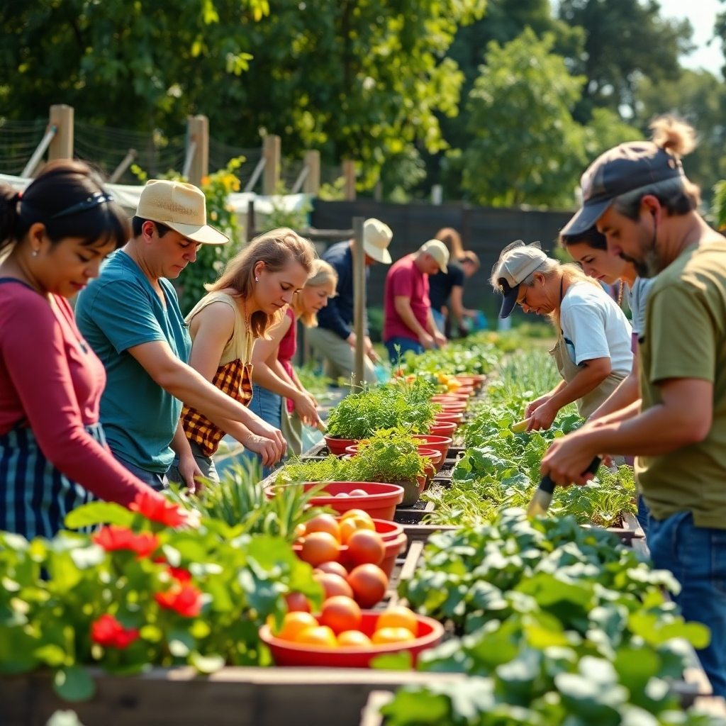 A photorealistic image depicting a vibrant community garden with people of all ages working together. The scene should convey a sense of collaboration, shared purpose, and local pride. The lighting should be bright and cheerful.