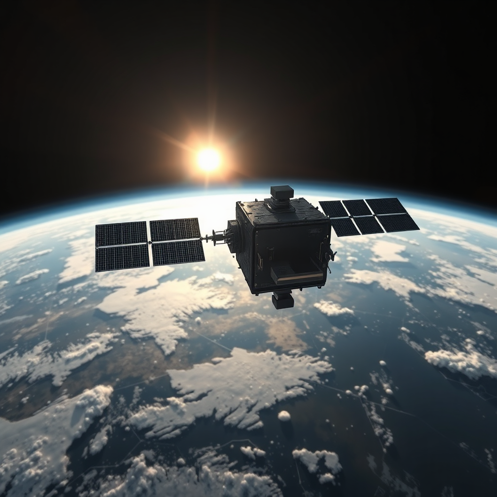A photorealistic image depicting a satellite orbiting Earth, collecting intelligence data. The scene conveys a sense of global awareness and technological capability. Lighting is realistic, with the sun shining on the satellite and the Earth below. Camera angle is wide, capturing the vastness of space and the satellite's role in gathering information. Style: Realistic and technological, with a focus on intelligence gathering and global awareness.