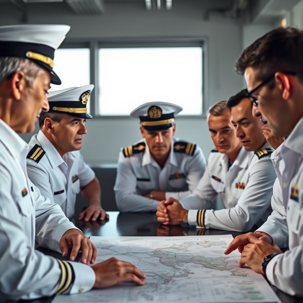 A photorealistic image depicting a group of naval officers gathered around a table, discussing strategic plans and maps. The scene conveys a sense of collaboration and strategic thinking. Lighting is professional, with bright, even illumination and a focus on clarity and detail. Camera angle is eye-level, capturing the expressions of the officers and the strategic plans on the table. Style: Professional and strategic, with a focus on collaboration and naval planning.