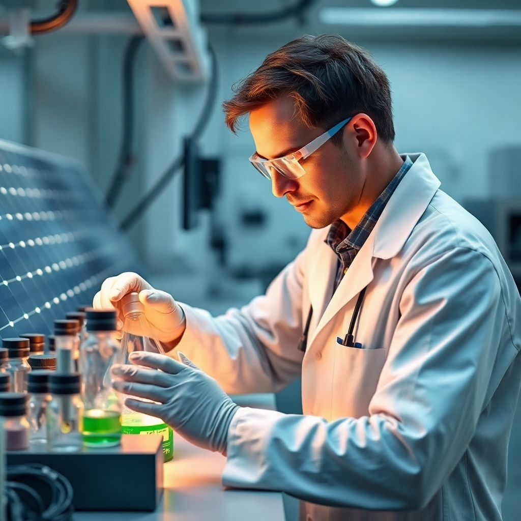 A photorealistic image depicting a scientist working in a laboratory, developing a sustainable energy solution (e.g., solar panel technology or carbon capture technology). The scene should convey a sense of innovation, scientific progress, and hope for a cleaner future.