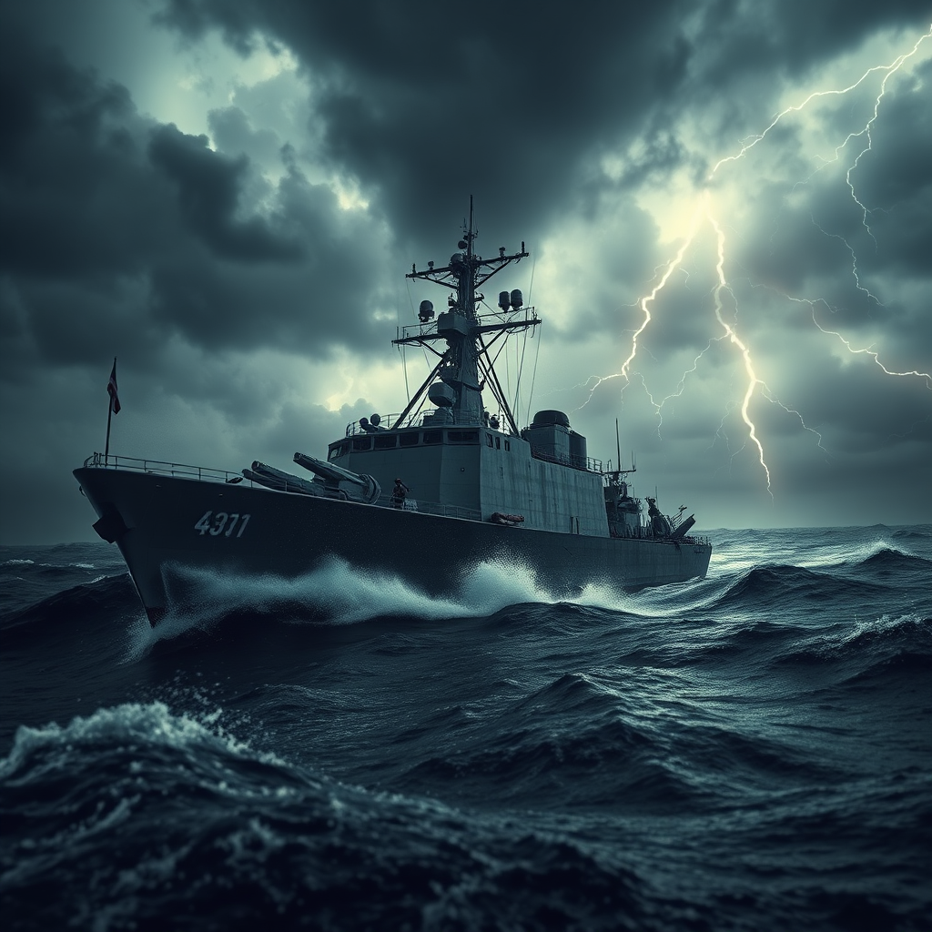 A photorealistic image depicting a naval vessel navigating through stormy seas, with a subtle overlay of digital code representing cyber threats. The scene conveys a sense of danger and vigilance. Lighting is dramatic, with dark, ominous clouds and flashes of lightning. Camera angle is low, emphasizing the ship's resilience against the elements. Textures are highly detailed, capturing the harshness of the environment and the technological complexity of the cyber threat. Style: Dark and dramatic, with a focus on realism and tension.