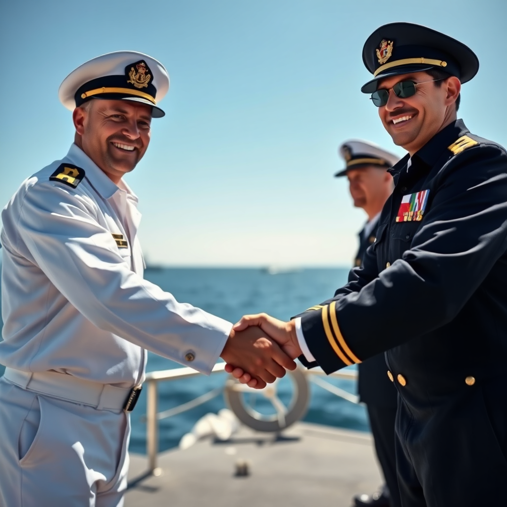 A photorealistic image depicting naval officers from different countries shaking hands on the deck of a ship. The officers are smiling and wearing their respective uniforms. The background shows a calm ocean and a clear blue sky. Lighting is warm and inviting, emphasizing trust and cooperation. Camera angle is eye-level, capturing the expressions of the officers and the symbolism of the handshake. Style: Realistic and positive, with a focus on international relations.