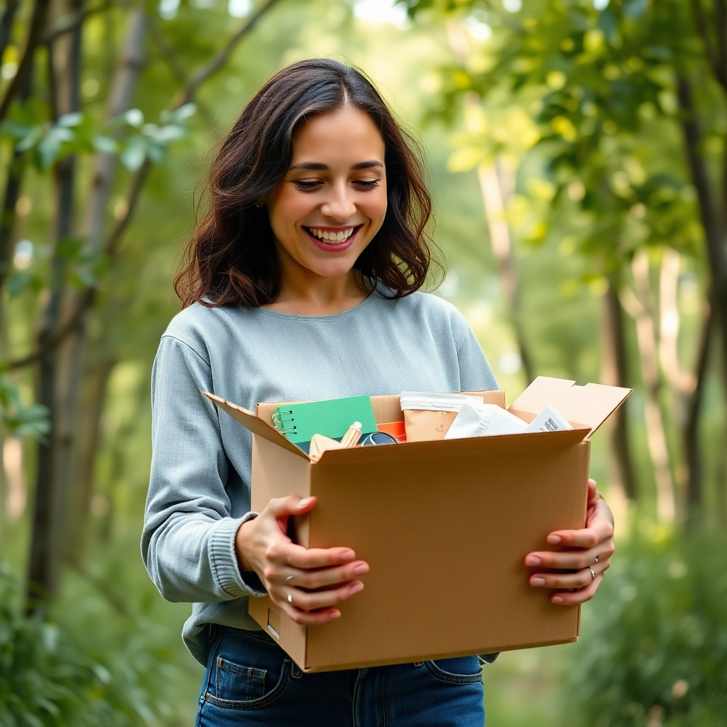 A photorealistic image depicting a person happily unpacking a package from an online store. The package is made of recycled cardboard, and the items inside are neatly arranged and showcase eco-friendly materials. The background should be a lush green forest, showcasing natural elements. The overall vibe is one of freshness, cleanliness, and sustainability.