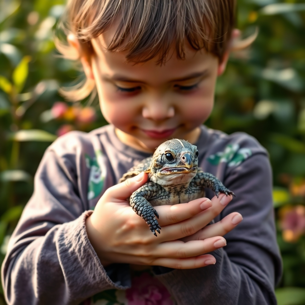 A photorealistic image of a child gently cradling a rescued baby animal (e.g., a bird or a turtle). The background should feature a lush, vibrant natural habitat. The lighting should be soft and gentle, conveying a sense of compassion and care.