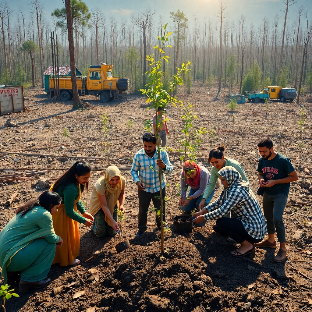 A photorealistic image of a diverse group of people planting trees in a deforested area. The image should show both the barren landscape being restored and the hope for a greener future. The lighting should be hopeful and inspiring.