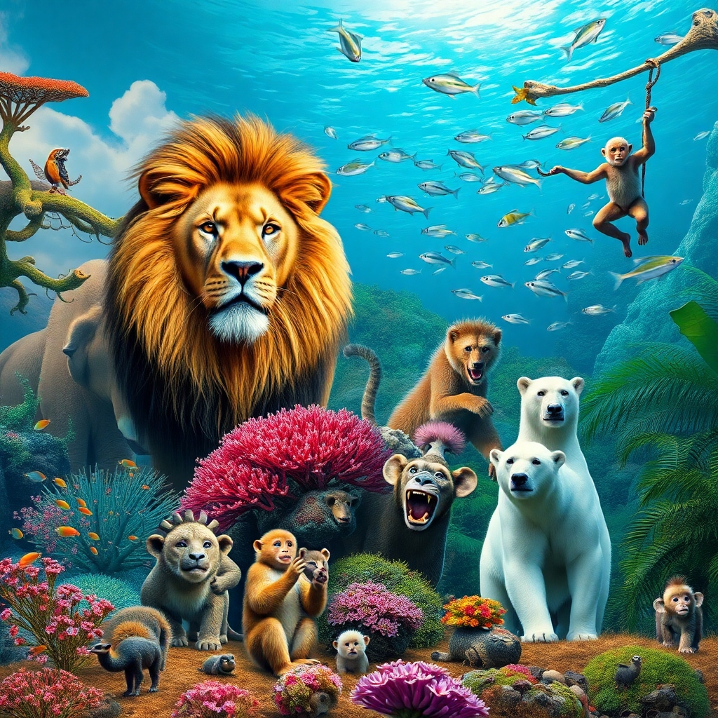 A photorealistic image of a diverse group of animals in their natural habitats; a majestic lion pride in the African savanna, vibrant coral reefs teeming with fish, a playful monkey swinging through a lush rainforest, a polar bear in the Arctic. The image should focus on the beauty and diversity of wildlife.