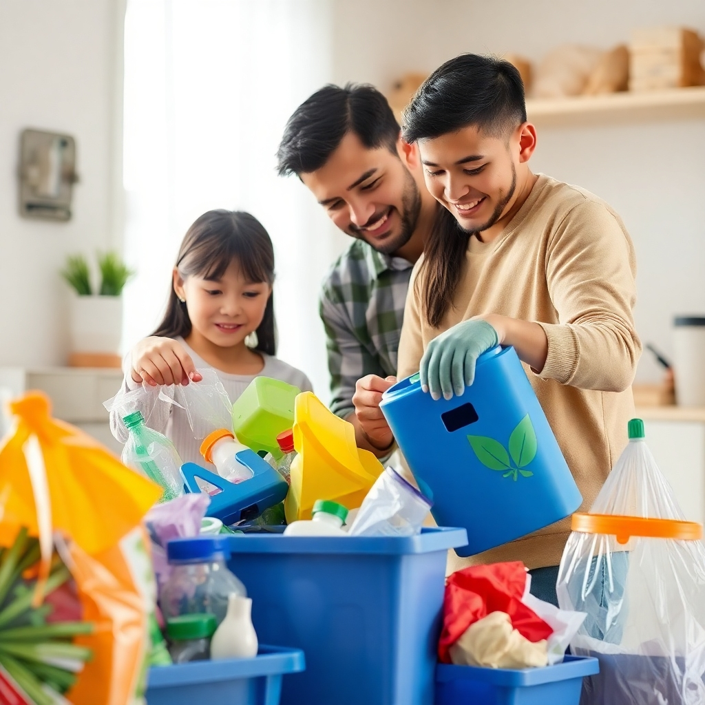 A photorealistic image of a family sorting recyclable materials together. The scene should be clean and organized, emphasizing the importance of responsible waste management. The lighting should be bright and informative.