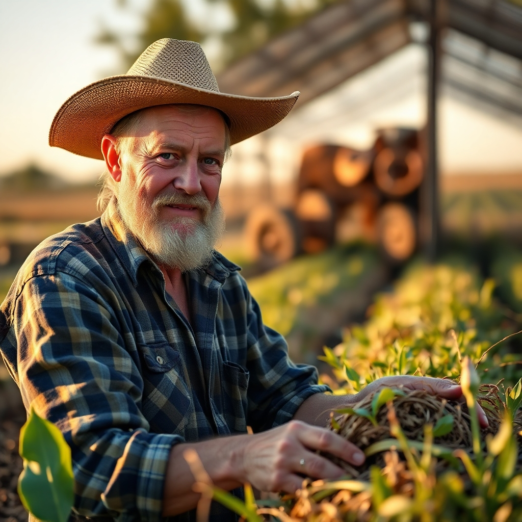 A photorealistic image of a farmer using sustainable farming techniques, such as crop rotation or no-till farming. The scene should convey a sense of connection to the land and a commitment to sustainable agriculture. The lighting should be warm and inviting.