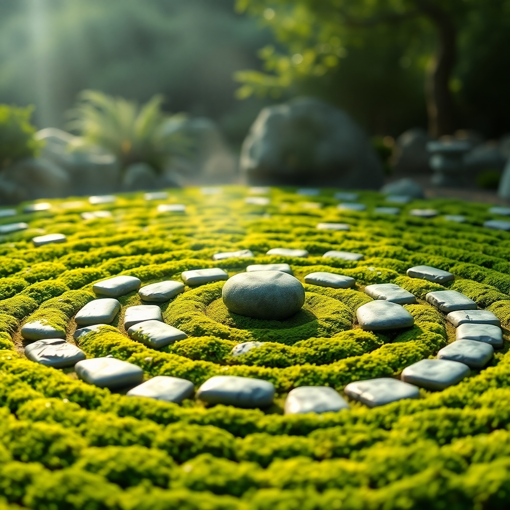 A photorealistic image of a meticulously raked zen garden, with smooth, grey stones arranged in concentric circles, surrounded by lush green moss.  A gentle mist hangs in the air, creating a serene and peaceful atmosphere.  The background is softly blurred, focusing attention on the central garden.  The lighting is soft and natural, enhancing the calming effect.
