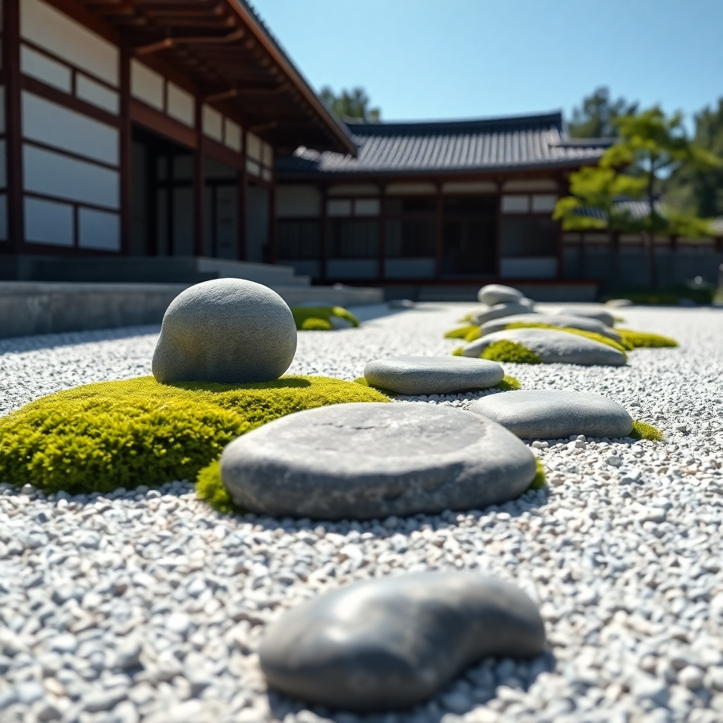 A photorealistic image of a meticulously raked Zen garden, featuring smooth, grey rocks arranged artfully in white gravel, with lush green moss growing around the edges, bathed in soft, natural sunlight.  The background should be slightly blurred, showing a traditional Japanese structure, and a clear blue sky.