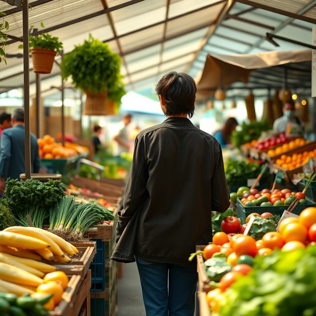 A photorealistic image of a person shopping at a farmers market, choosing locally sourced, organic produce. The scene should convey a sense of connection to the earth and a commitment to ethical consumption. The lighting should be natural and inviting.