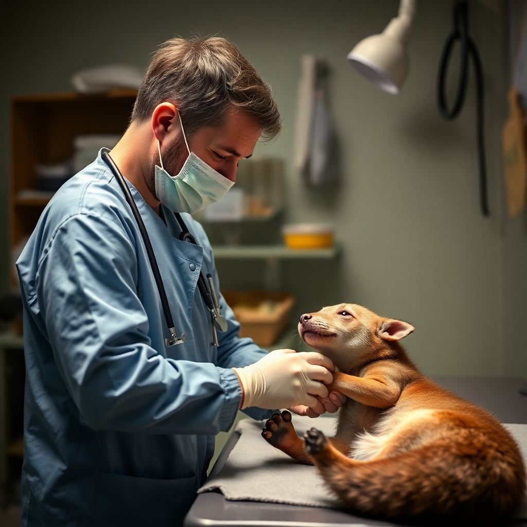 A photorealistic image of a veterinarian tending to an injured animal in a wildlife rehabilitation center. The scene should convey a sense of compassion, expertise, and care. The lighting should be soft and gentle.