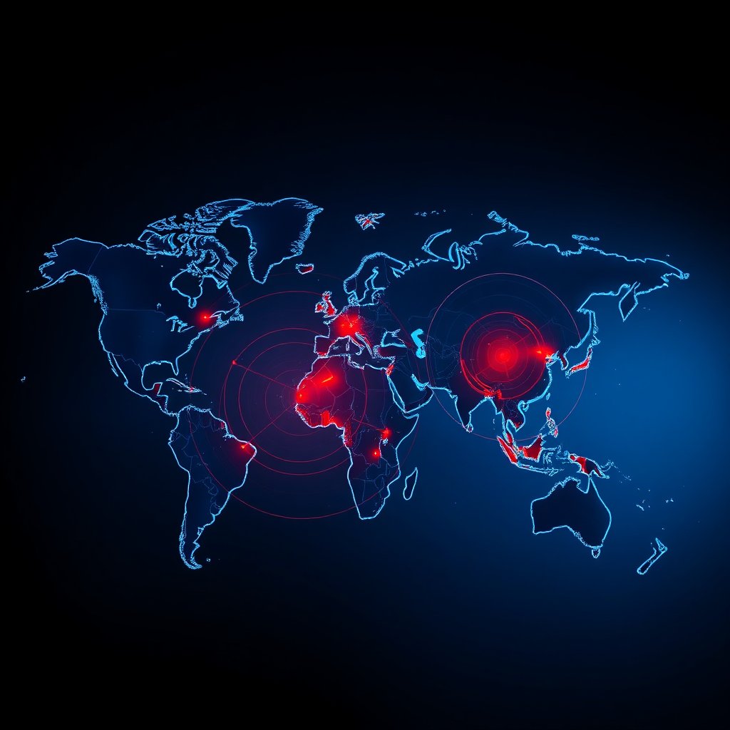 A photorealistic image of a world map with highlighted areas representing current airspace security hotspots. Stylized radar sweeps emanate from strategic locations. Color palette: deep blues and reds to indicate zones of conflict or high alert. Lighting should be dramatic, with stark contrasts between light and shadow. Texture should emphasize the digital nature of the map. Style reference: modern news infographic with realistic rendering. Technical specs: 4K resolution, high quality, digital painting.