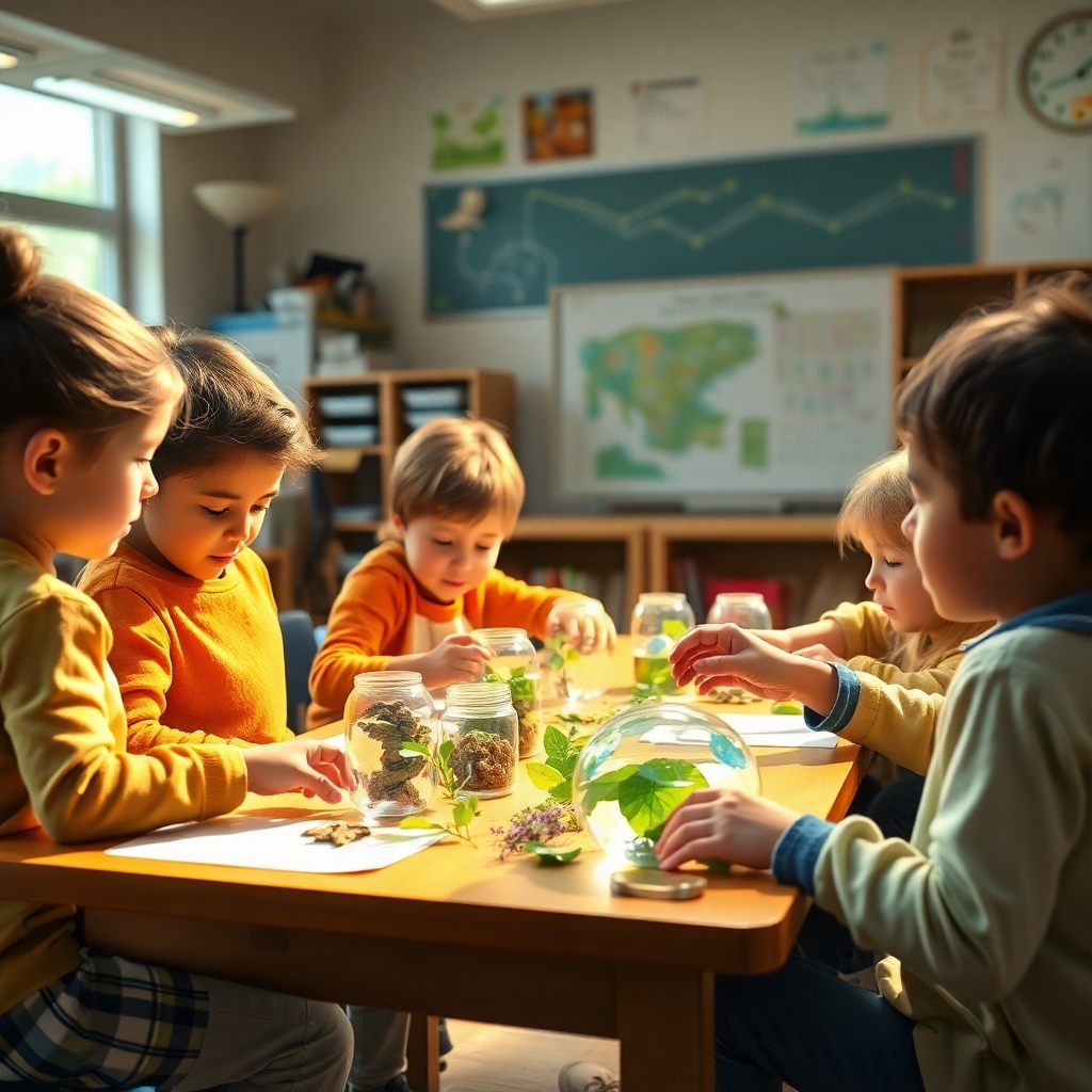 A photorealistic image of children learning about environmental issues in a classroom setting. The scene should be engaging and interactive, with a focus on hands-on learning. The lighting should be warm and inviting.