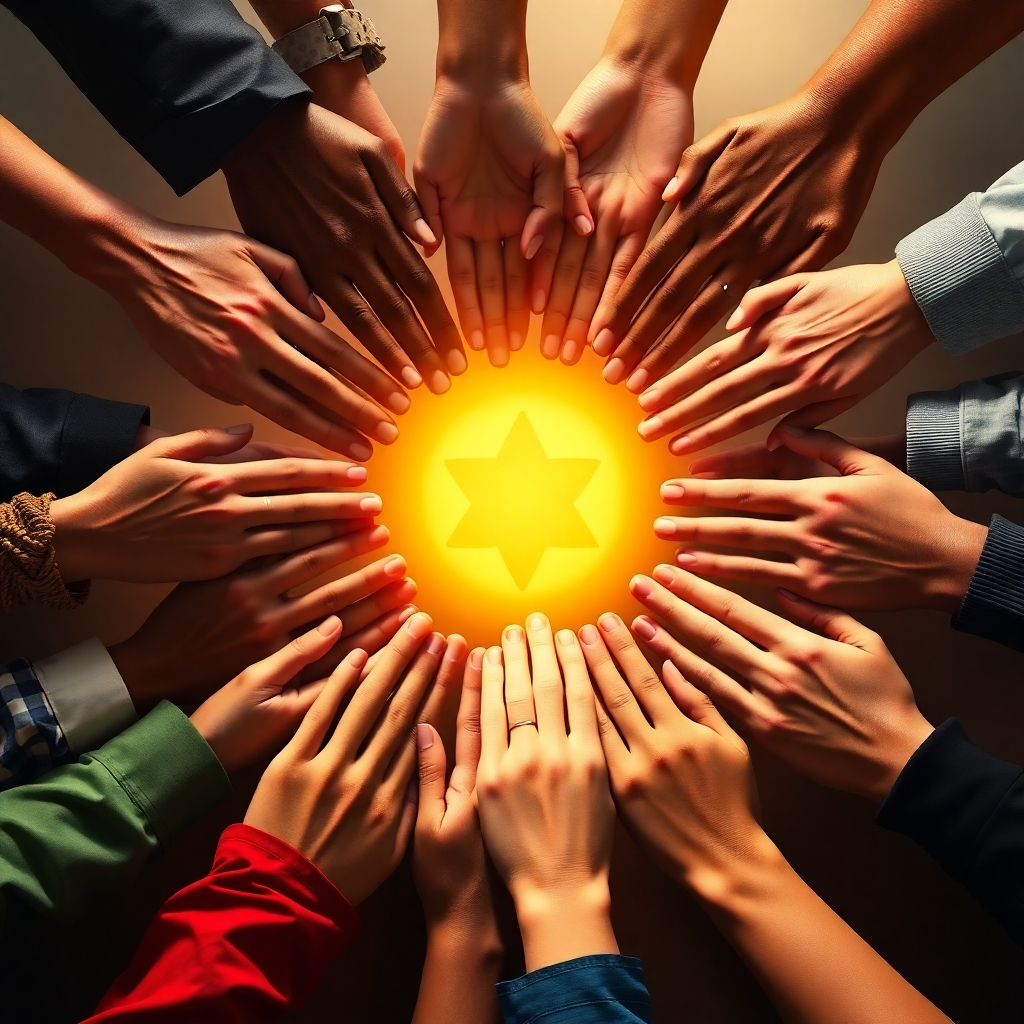 A photorealistic image of diverse hands coming together to form a circle, each hand representing a different culture. In the center, a glowing symbol represents shared humanity. The lighting should be warm and inviting, and the color palette should reflect the diversity of the world.