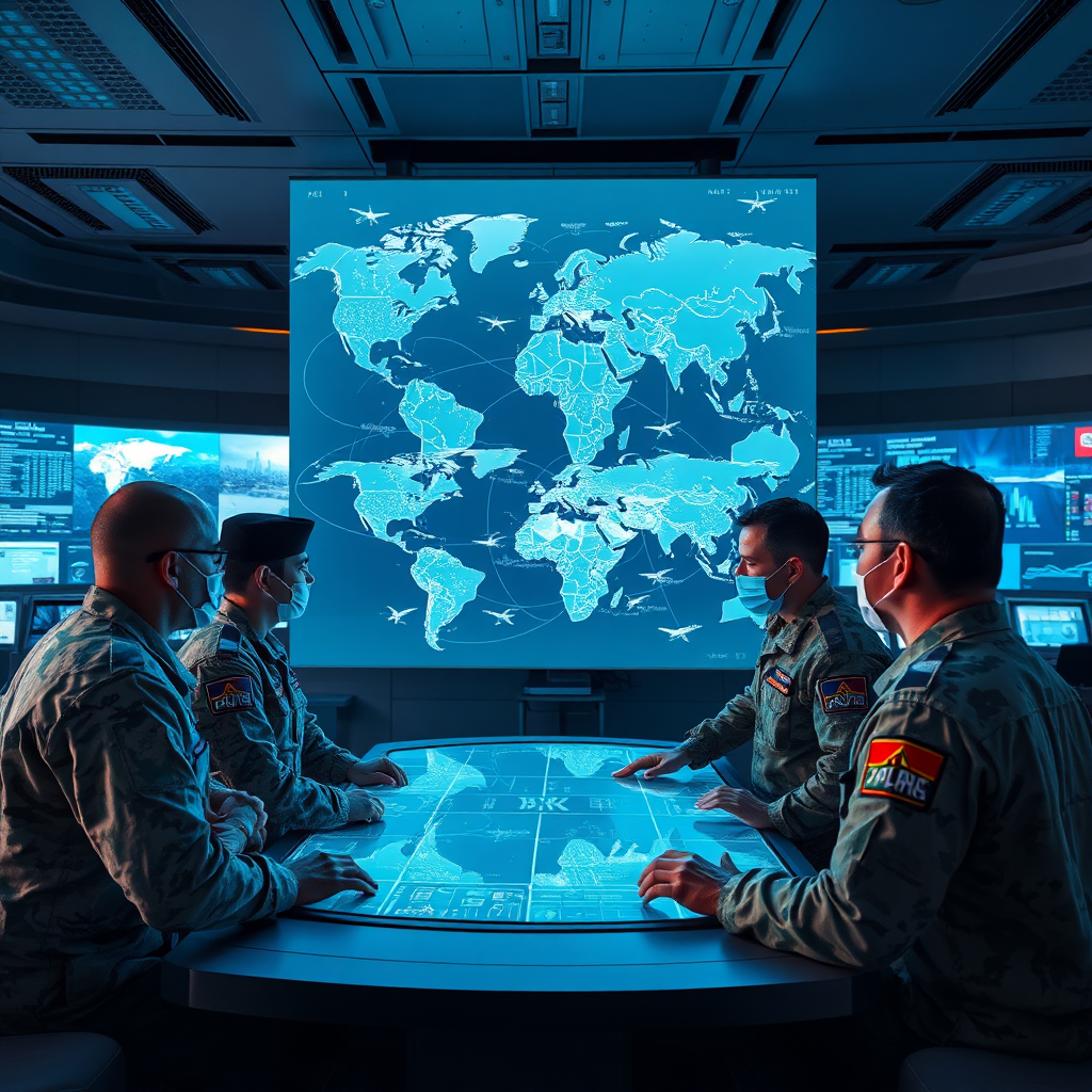A photorealistic image of military personnel from different nations collaborating in a high-tech control room. They are examining a large holographic display showing global air traffic patterns. The atmosphere is focused and collaborative. The color palette includes blues, grays, and greens, suggesting a sense of technological sophistication and coordination. Technical specs: 4K resolution, realistic lighting.