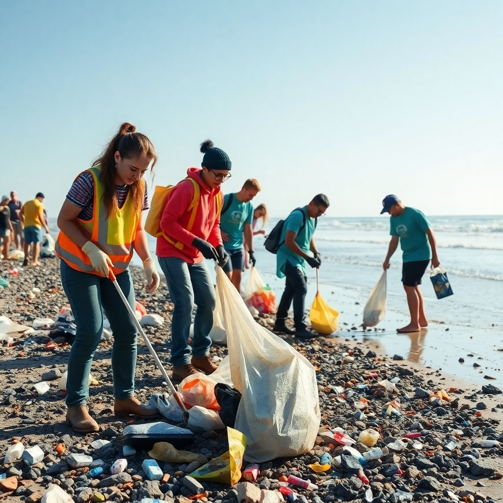 A photorealistic image of volunteers cleaning up a polluted beach, collecting trash and debris. The scene should convey a sense of community involvement and environmental responsibility. The lighting should be bright and hopeful.