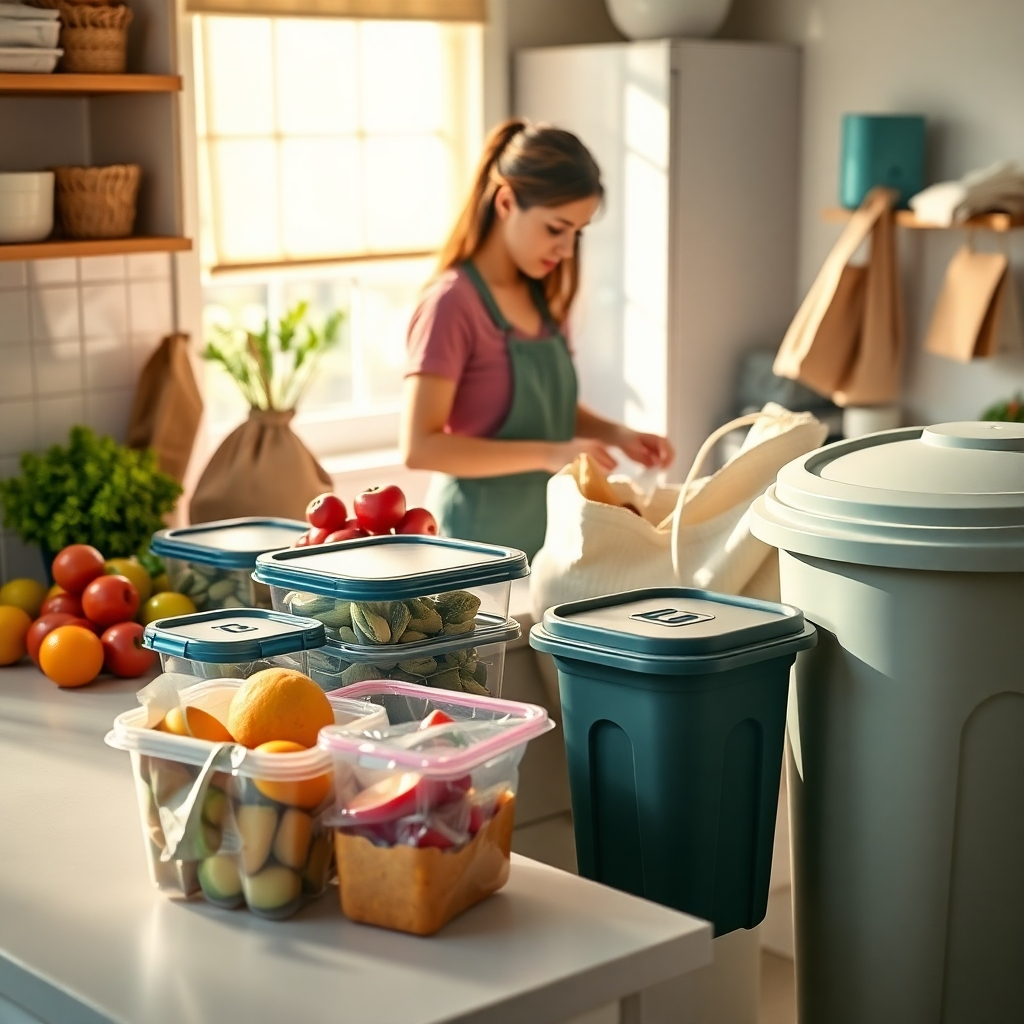A photorealistic image showcasing a brightly lit kitchen counter with various reusable containers, cloth bags, and a compost bin.  Fresh fruits and vegetables are visible, alongside a person carefully sorting recyclables. The overall feeling should be one of cleanliness, organization, and sustainable living.