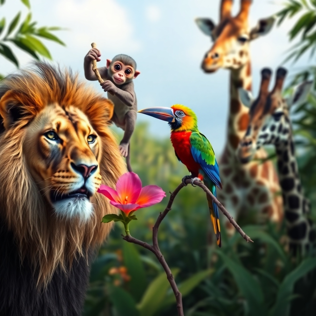 A photorealistic image showcasing a diverse range of animals from around the world.  Include a majestic lion in the foreground, a playful monkey swinging from a branch, a vibrant tropical bird perched on a flower, and an elegant giraffe in the background.  The animals should appear natural and in their respective habitats, with a focus on high detail and realism. The lighting should be vibrant and natural, highlighting the beauty and diversity of the animals.