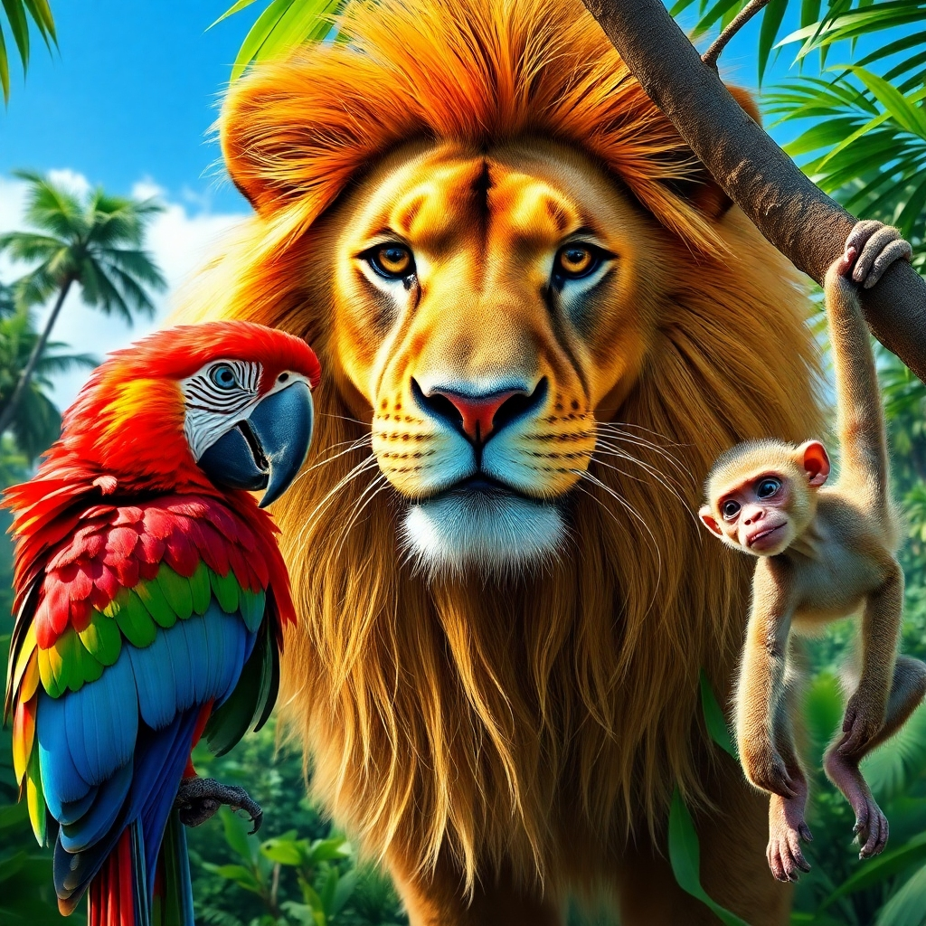 A photorealistic image showing a vibrant close-up of a variety of animals. A majestic lion looks directly at the camera, next to a colorful parrot, and a playful monkey hanging from a tree branch. The background showcases a diverse jungle habitat with lush greenery and clear blue skies. It is an image full of life and energy, emphasizing the beauty and diversity of animals.
