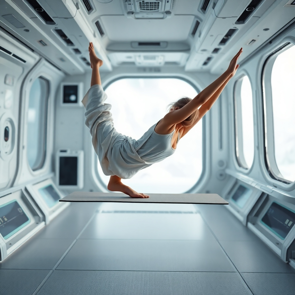 A photorealistic, ultra-detailed (8K resolution) image of a person performing a yoga pose in a zero-gravity environment.  Soft, diffused lighting, simulating the gentle light of a space station. The color palette is serene and calming, with pastel blues, soft whites, and muted greens dominating. The camera angle is from a slightly low perspective, providing a full view of the yoga pose and the surrounding environment. The person is wearing comfortable, flowing yoga attire. The environment appears weightless, with the person and props floating gently.  Detailed textures are crucial; the clothing should have a soft, almost ethereal feel.  The yoga mat is visible but also appears weightless. The background should be subtly blurred, showing a futuristic, minimal setting.  The overall mood is peaceful and meditative.  The style should emulate the serene and ethereal style of contemporary fine art photography. Render with hyperrealistic detail, emphasizing the weightlessness and the person's gracefulness in the pose.  In the style of Annie Leibovitz, with a sci-fi aesthetic.