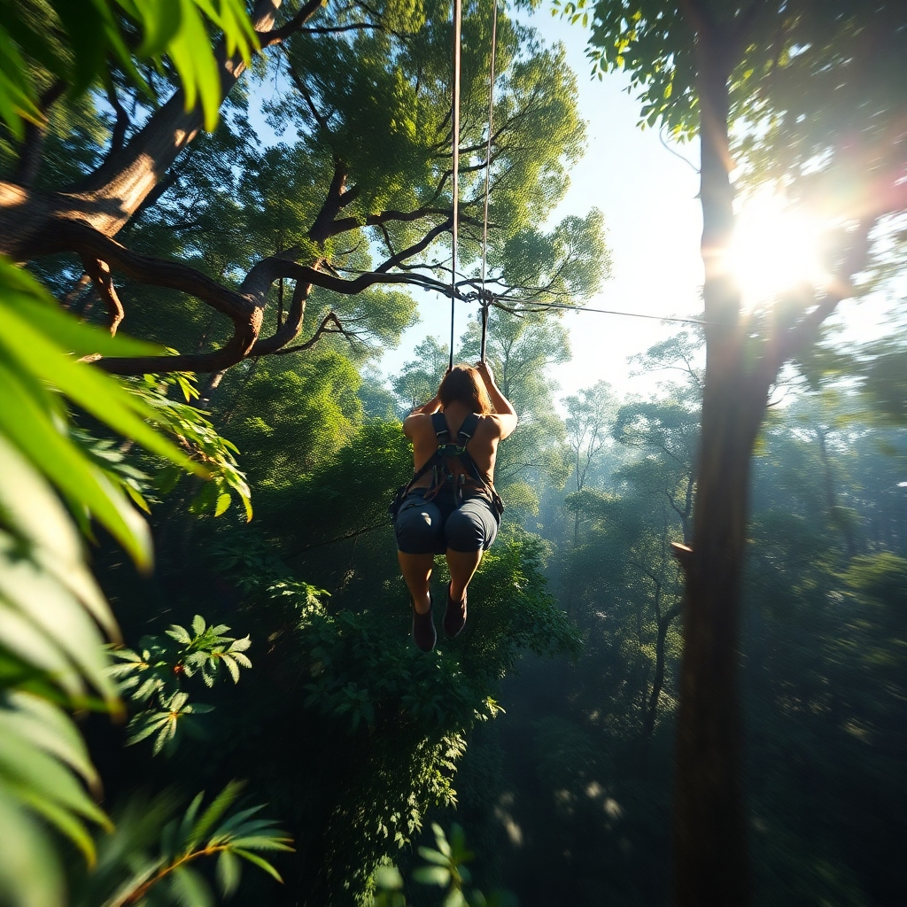 A photorealistic, ultra-high definition image (8K resolution) depicting a person ziplining through a lush, vibrant rainforest. The zipline should be taut, showcasing the speed and excitement. Soft, diffused sunlight filters through the canopy, casting dappled shadows on the ground below.  The color palette should be rich and saturated, with greens, browns, and blues dominating. The camera angle is from a low perspective, looking up at the zipliner, emphasizing the height and the immersive experience. The zipliner should be wearing appropriate safety gear, and the zipline should have a sturdy, metallic texture. The background includes towering rainforest trees, lush foliage, and a clear blue sky peeking through the canopy.  The style should evoke the adventurous spirit of National Geographic photography.  The overall mood is one of exhilaration and awe.  Focus on detailed textures of the leaves, bark, and the zipline itself. Render with hyperrealistic detail, emphasizing the moisture and the vibrancy of the environment.  Include subtle motion blur to suggest speed.  In the style of Steve McCurry and Ansel Adams.