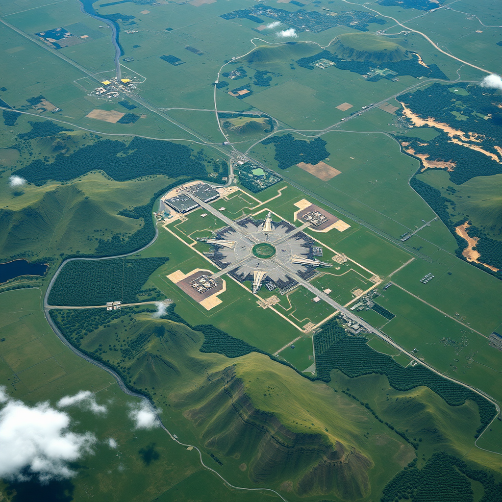 A satellite view image that displays a fortified military airbase. Color: Realistic colors with a focus on green landscapes. Technical specs: 4K.