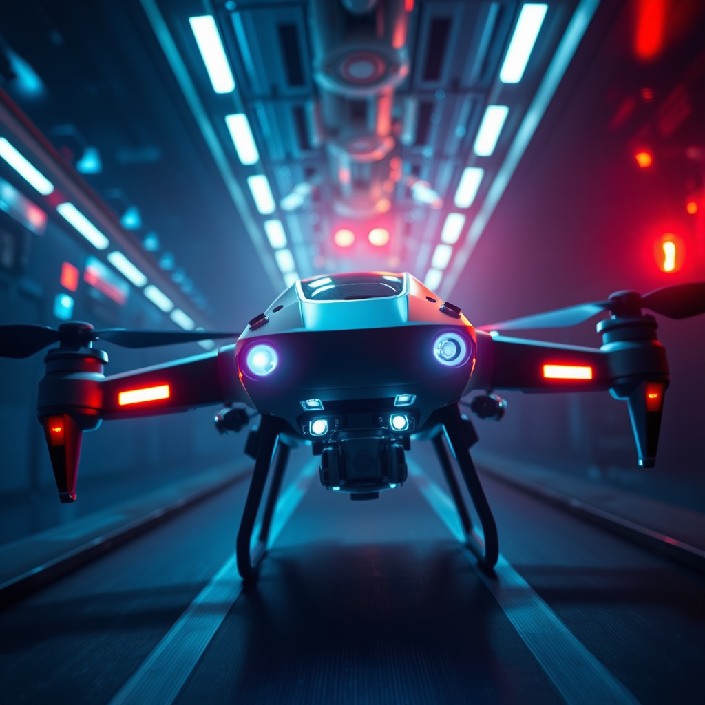 A sleek, photorealistic image showcasing a new naval security product, such as a surveillance drone or a underwater sensor system. The product is shown in a realistic operational environment, with glowing lights and advanced features. Lighting is dramatic, highlighting the innovation and effectiveness of the product. Camera angle is low, emphasizing the scale and sophistication of the product. Style: Modern and innovative, with a focus on technological advancement.