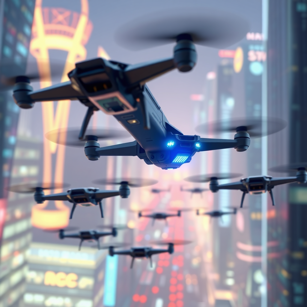 A stylized, futuristic rendering of an advanced drone swarming through a digital cityscape. The drones should be sleek and futuristic, with glowing blue accents. The cityscape should be partially holographic, representing the integration of technology and urban environments. Lighting should be vibrant and dynamic, creating a sense of innovation. Technical specs: 4K resolution, high quality, 3D render.