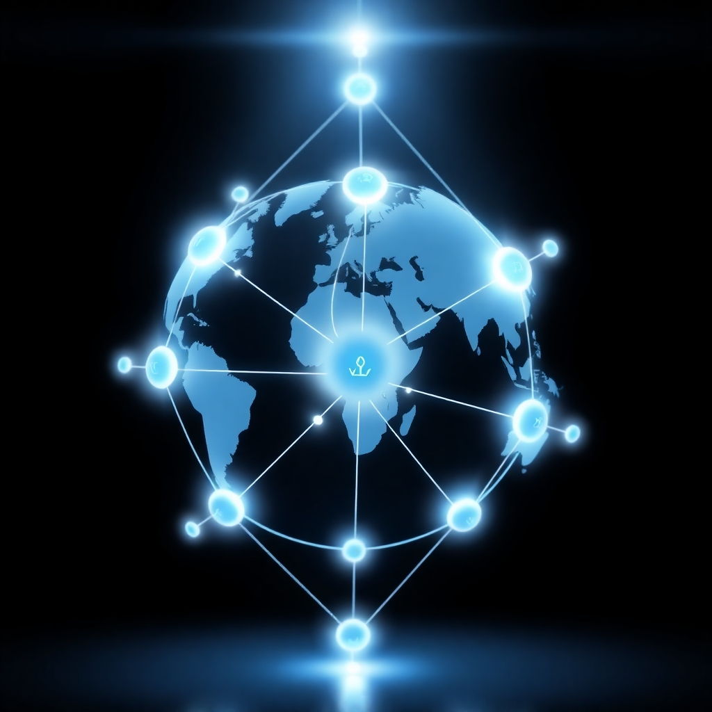 A stylized image depicting a network of interconnected nodes representing different countries, each node contributing to a global initiative for sustainability. The lighting should be bright and futuristic, conveying a sense of technological advancement and global cooperation.