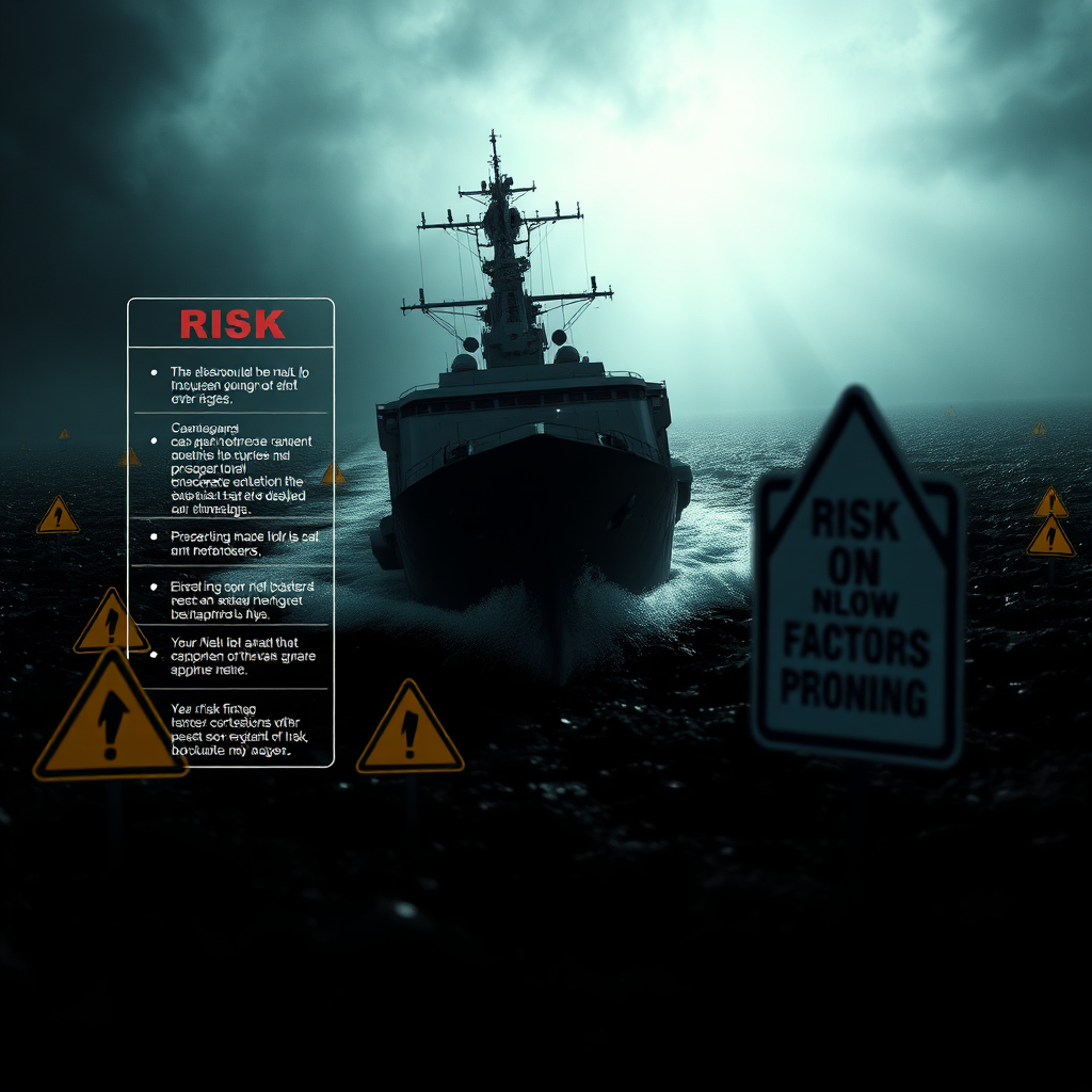 A stylized image depicting a naval vessel navigating through a minefield, with a visual representation of risk factors overlaid on the scene. The scene conveys a sense of danger and the importance of risk management. Lighting is dramatic, with dark, ominous shadows and bright, warning signs. Camera angle is low, emphasizing the vulnerability of the vessel and the complexity of the risk assessment process. Style: Dramatic and analytical, with a focus on risk management and naval security.