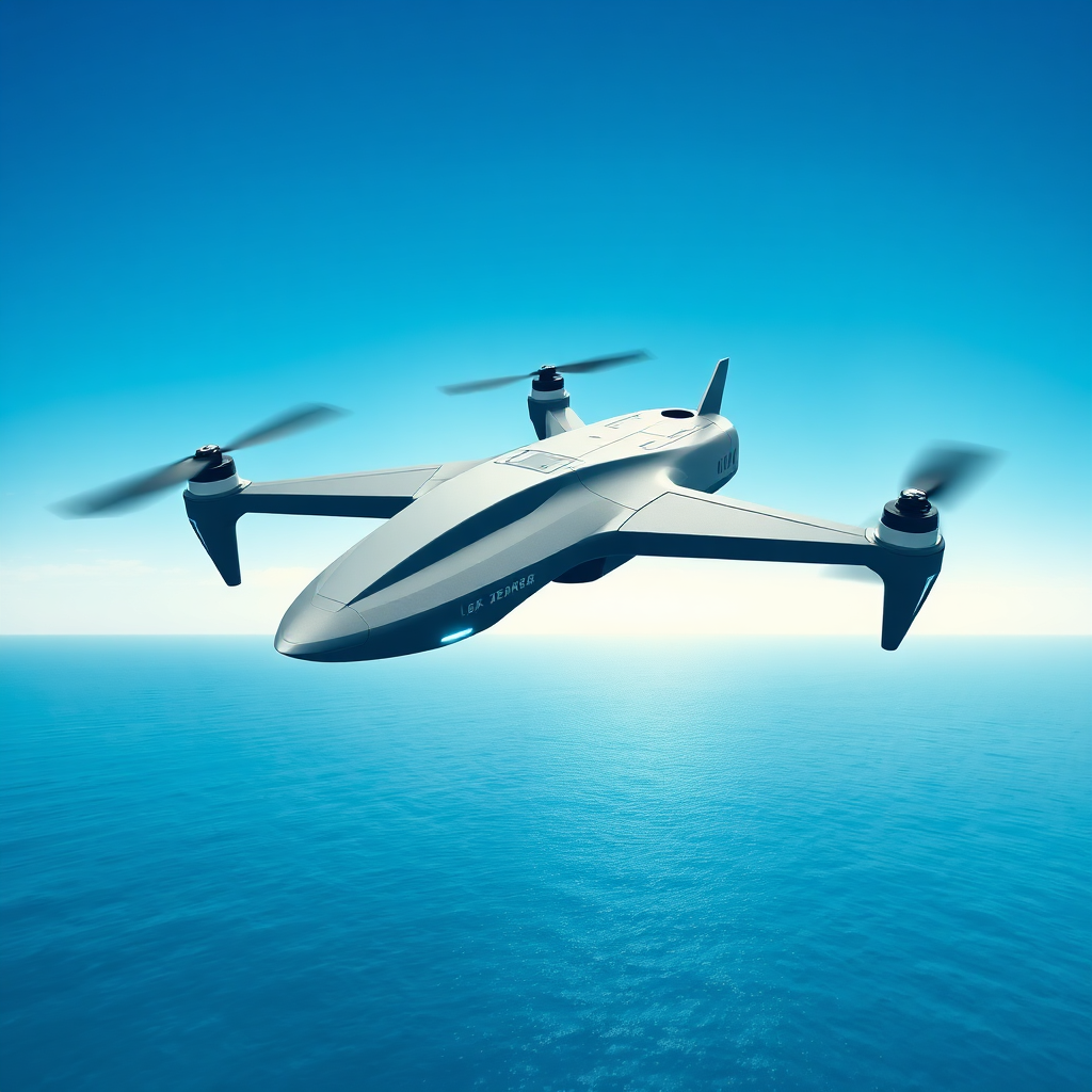 A stylized image featuring a futuristic naval drone soaring above the ocean. The drone is sleek and modern, with glowing blue accents. The background showcases a pristine blue sky and calm seas. Lighting is bright and optimistic, highlighting the potential of new technologies. Camera angle is a high-angle shot, emphasizing the drone's freedom and agility. Style: Clean and futuristic, with a focus on technological advancement.