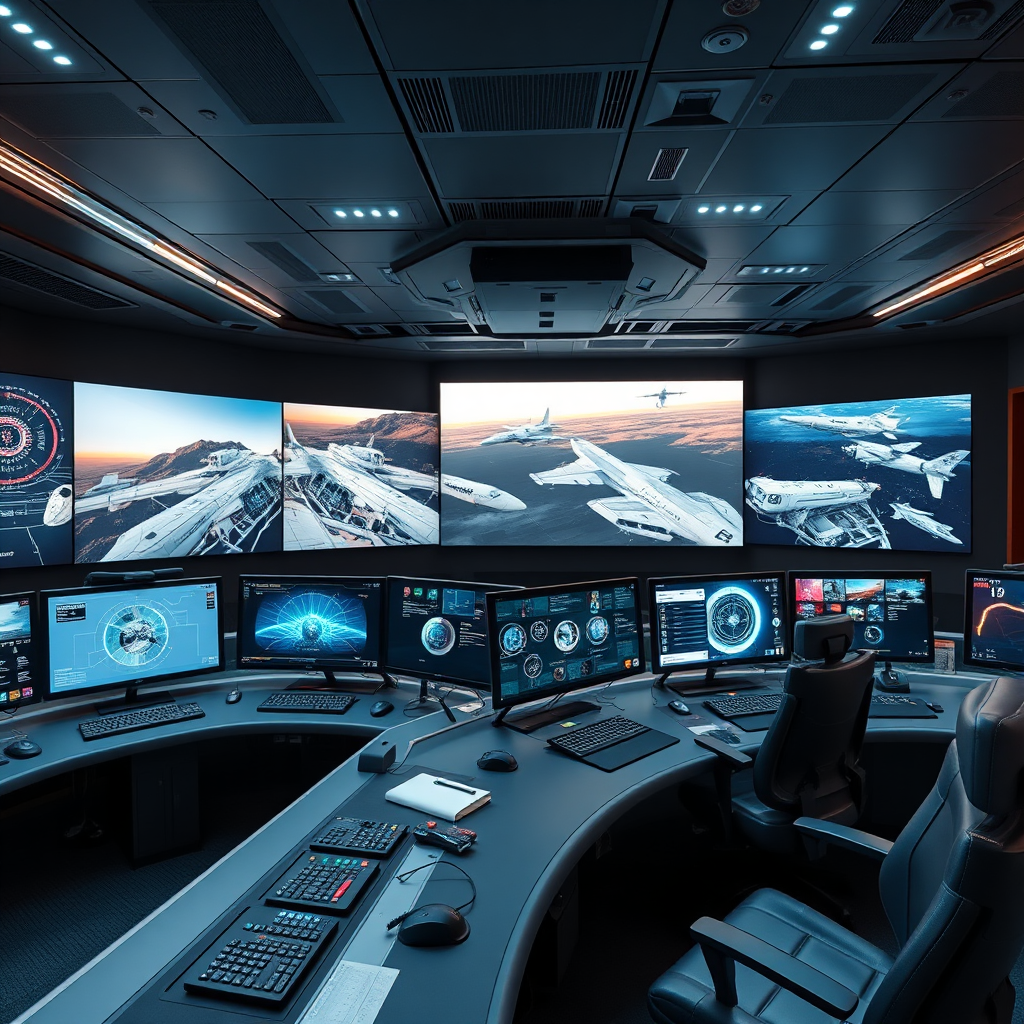 An advanced control room with integrated technologies showcasing different kinds of user interfaces, displaying air defense systems. Lighting and color are optimized for clarity. Technical Specs: 4K Resolution.