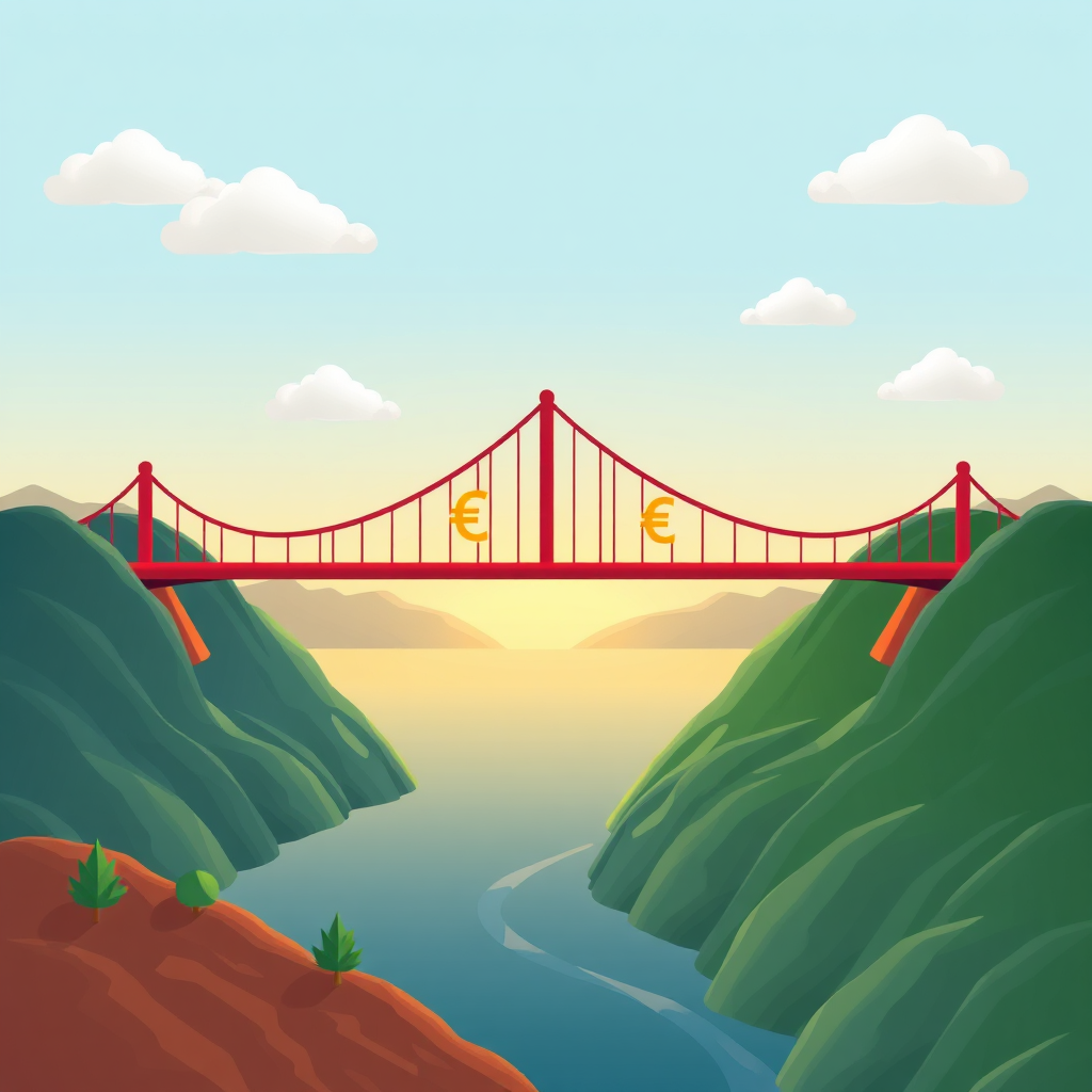 An image depicting a bridge spanning across two different landscapes, each representing different countries. Currency symbols should be subtly incorporated into the bridge's design, symbolizing cross-border financial solutions.