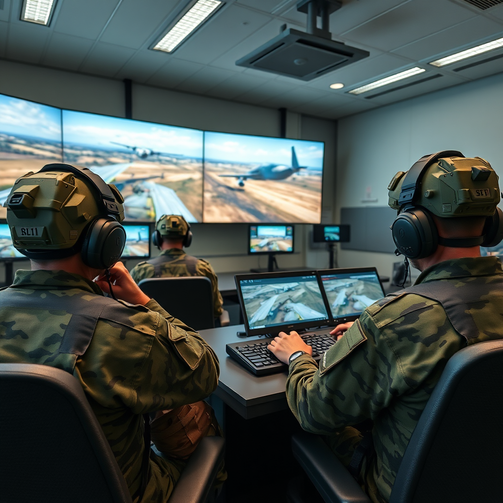An image of a modern military training facility with simulators and high-tech equipment. Trainees practice different scenarios in air defense. Display a focused and serious training environment. Technical Specs: 4K Resolution.