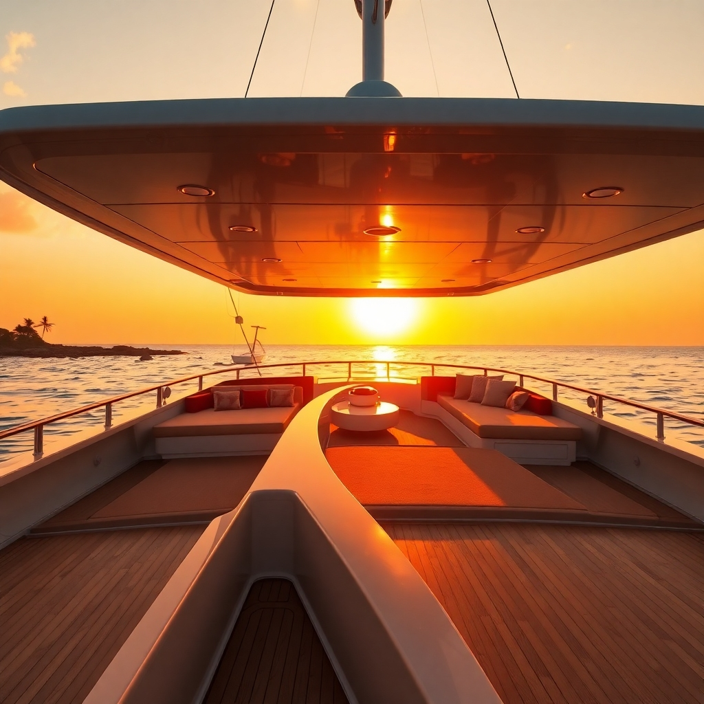 An ultra-high-quality (8K resolution), photorealistic image of a luxury yacht cruising at sunset near Zanzibar.  The sun should be setting on the horizon, casting a warm golden light on the water and the yacht. Soft, warm lighting with long shadows. The color palette should be rich and warm, with golden yellows, oranges, and pinks dominating. The camera angle should be from a slightly elevated perspective, showcasing the yacht and the beautiful sunset. The yacht should be sleek and modern, with polished wooden decks and comfortable seating areas.  The water should be calm and clear, reflecting the vibrant colors of the sunset. Detailed textures are crucial; the wood should appear smooth and polished, while the water should be realistically textured, with subtle wavelets visible.  The background includes the Zanzibar coastline, with a few palm trees visible.  The mood is tranquil and luxurious.  The style should mimic high-end travel photography. Render with hyperrealistic detail, focusing on the reflection of the sunset on the water and the yacht's luxurious details.  Focus on realistic water and light interaction. In the style of Peter Lik.