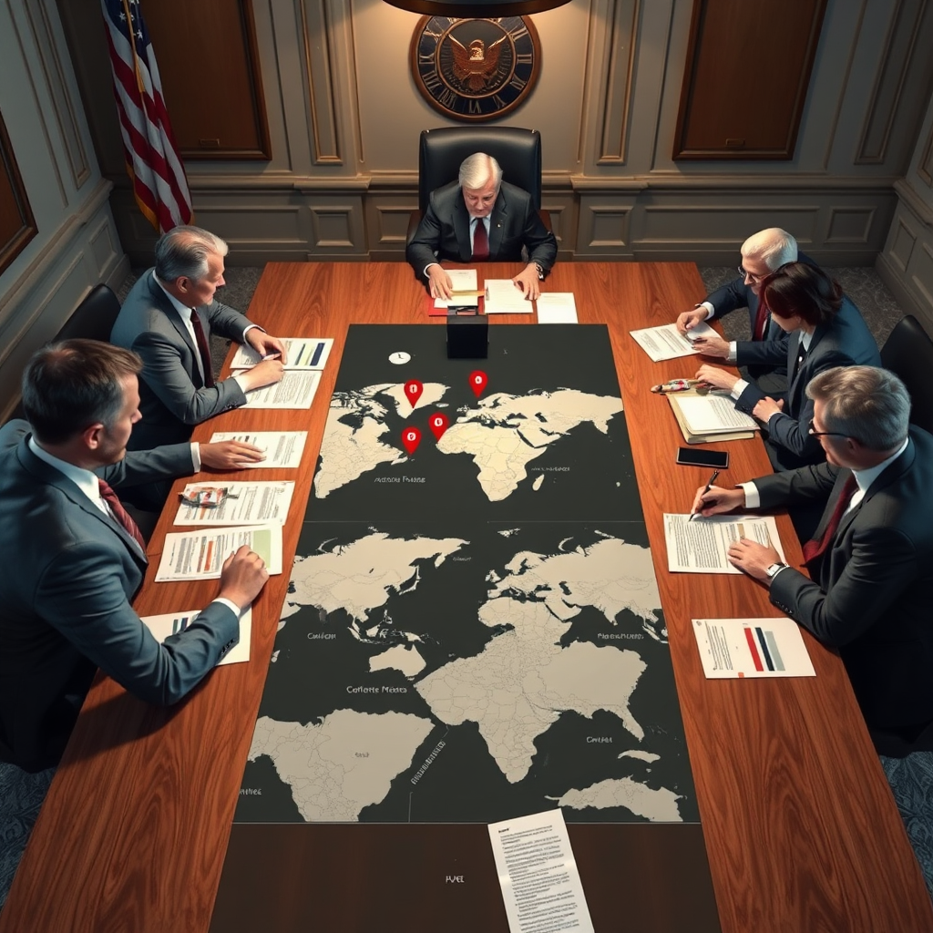 Craft a photorealistic image of a high-level security meeting with experts in defense policy seated around a table. Include briefing documents and maps with points that relate to active, developing, or solved security issues. The color scheme should be professional and serious with a focus on the decision-making process.