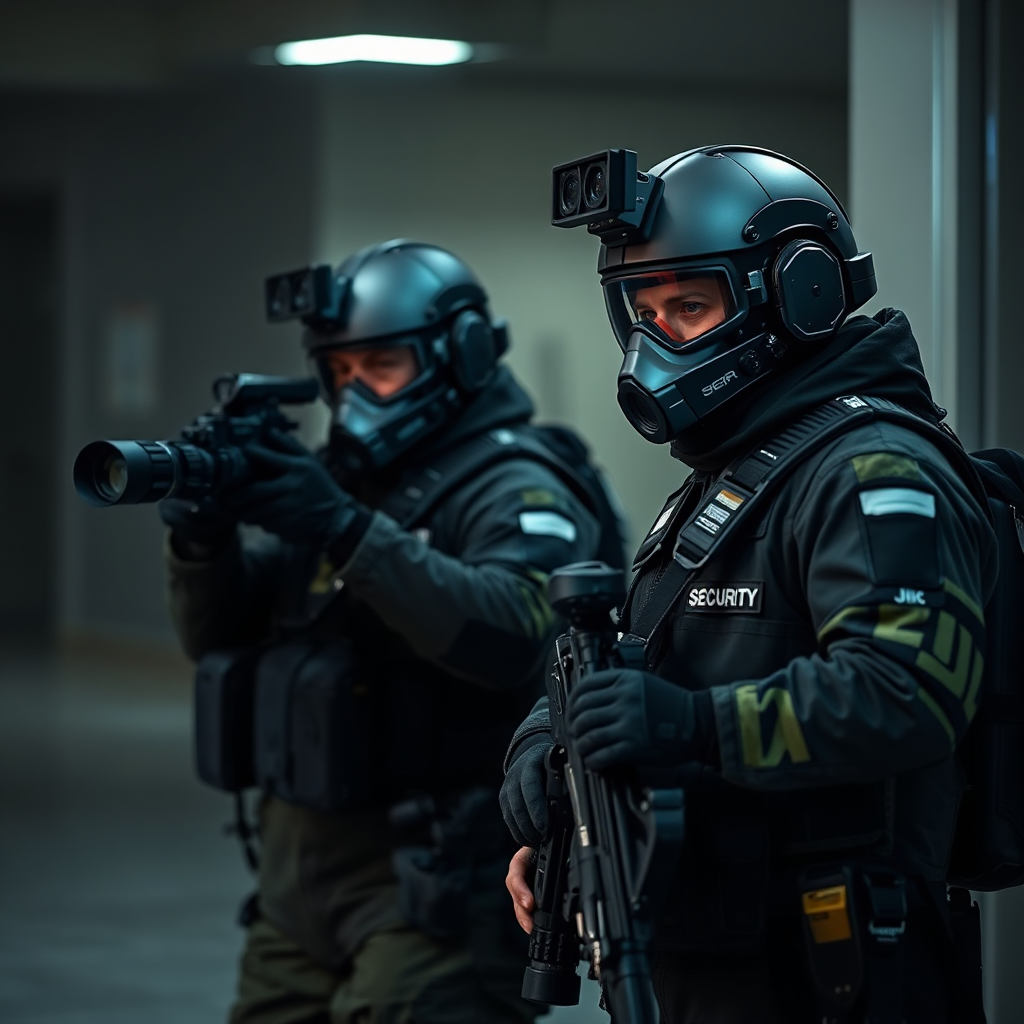 Craft a photorealistic image of a security team assessing a potential threat. Include tools such as body cameras and sensors. The mood should be alert and focused.