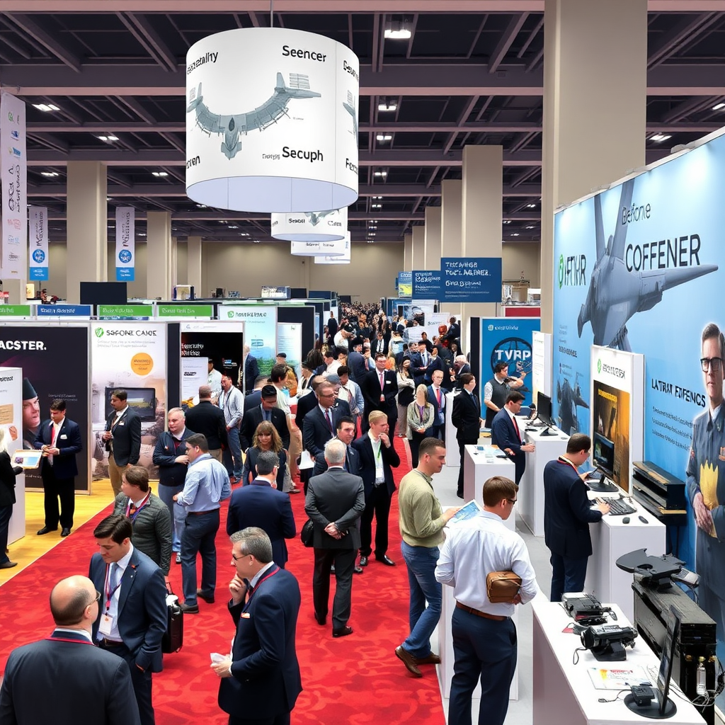 Craft a stylized image of a defense conference or exhibition hall, showing professionals networking, examining the latest military technology, and participating in panel discussions. Include visual cues, like booths, banners, and promotional materials. Focus on the energy of a live event.