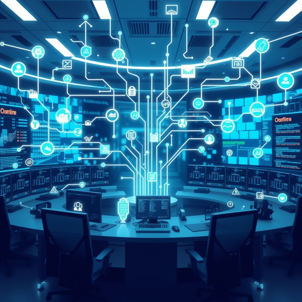 Create a digital image that depicts complex data streams flowing into a command center. Use icons to symbolize sources of information. The image should be futuristic, but serious. This should convey the service's comprehensive nature.