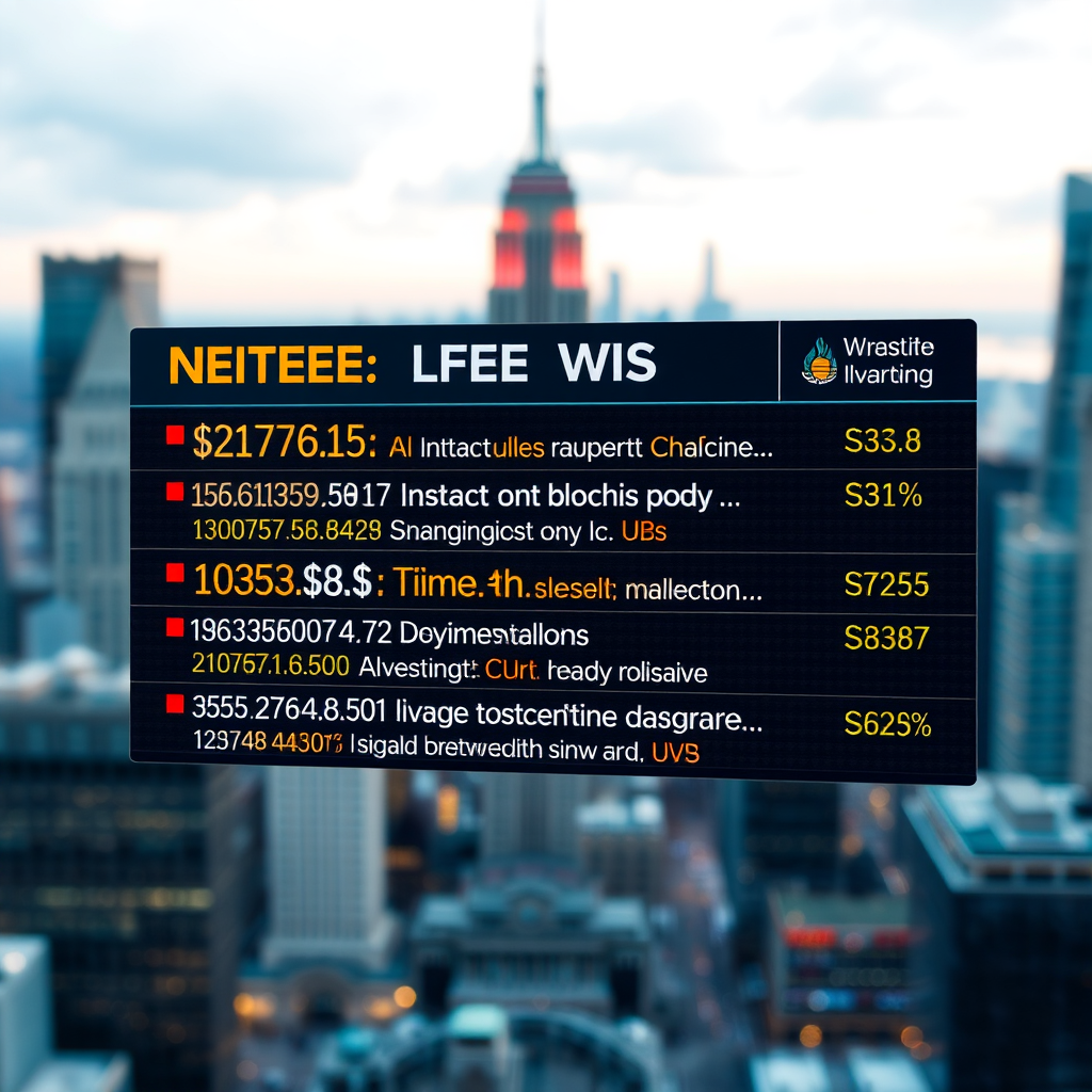 Create a photorealistic image of a news ticker displaying financial headlines from around the world. The ticker should be dynamic and engaging, conveying the fast-paced nature of global investment news. The background should be a blurred image of a cityscape, emphasizing the global context. The overall style should be modern and informative, conveying the importance of staying informed.